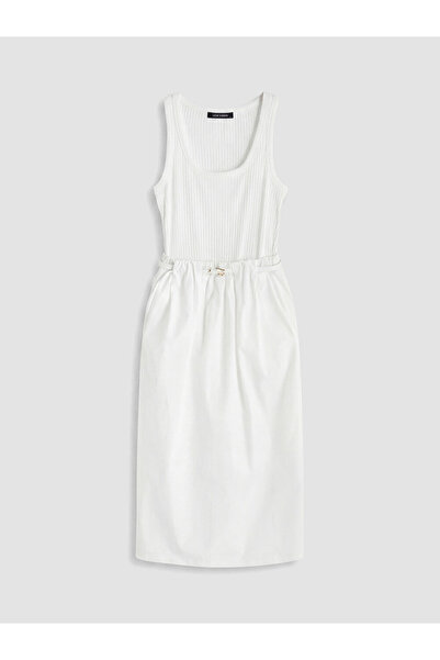 LC Waikiki Ecru U-Neck Ribbed Waist-Slit Dress