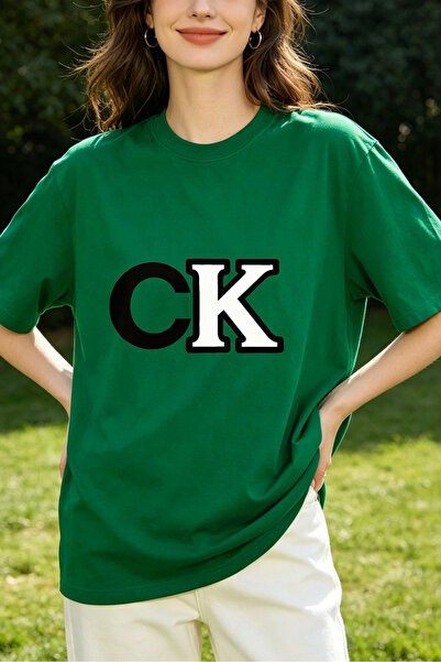 Fleck Womens T Shirts CK Logo Oversized Casual Style Green Color Fashion Tren...