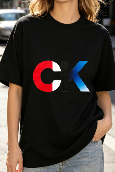 Fleck Womens T Shirts CK Logo Print Oversized Casual Streetwear Style Black C...