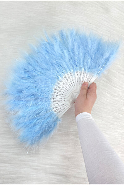 ZEYMERADE Large Size Baby Blue Feathered Bridal Fan, Wedding Henna Bridesmaid...