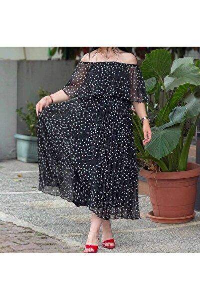 SİBELİZE Women's Polka Dot Flounce Pleated Chiffon Dress