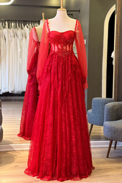 Lenta Moda Kırmızı Simli Lez Dantel Etekli Ve İşlemeli Dantel Detaylı Abiye v...