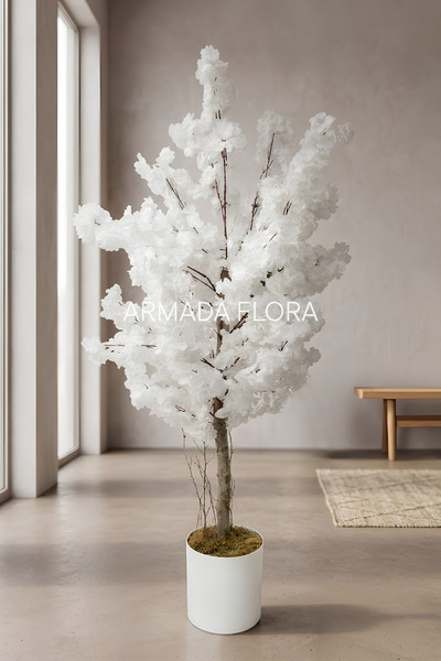 Armada Flora Yapay Beyaz Sakura Ağacı Doğal Gövdeli Bahar Dalı Mat Beyaz Saksılı