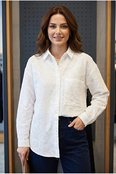 bysoca Women's White Embossed Patterned Long Sleeve Cotton Oversize Single Po...