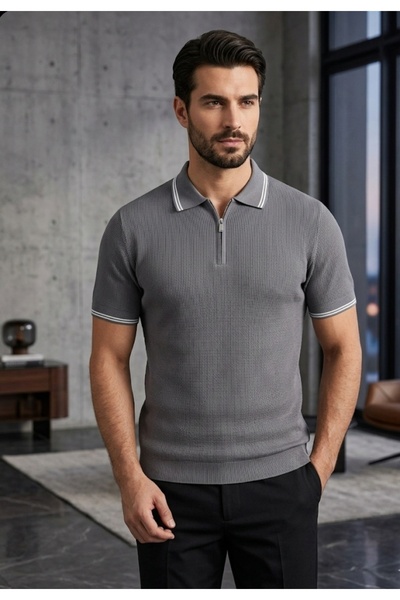 LİBASSİNİ Erkek Slim Fit çizgili Polo Yaka Fermuarlı Kabartma desenli Jakarlı...