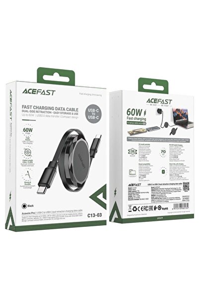 Acefast كابل شحن من النوع C إلى النوع C (ACEFAST C13-03) قابل للسحب مع شحن سريع 60 واط