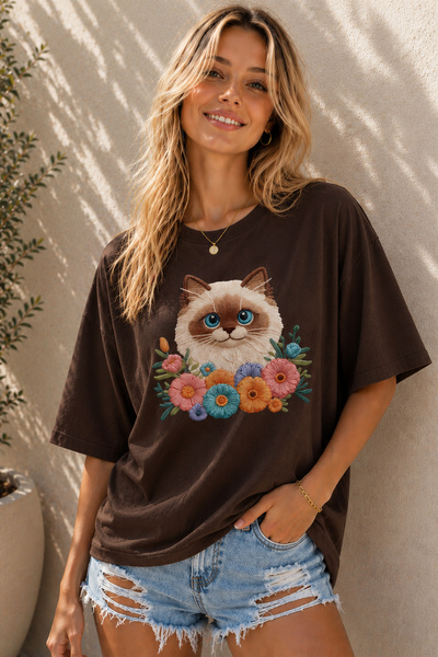 ArtYus Χαριτωμένο μπλουζάκι Unisex Oversize με στάμπα λουλουδιών και γάτας – ...