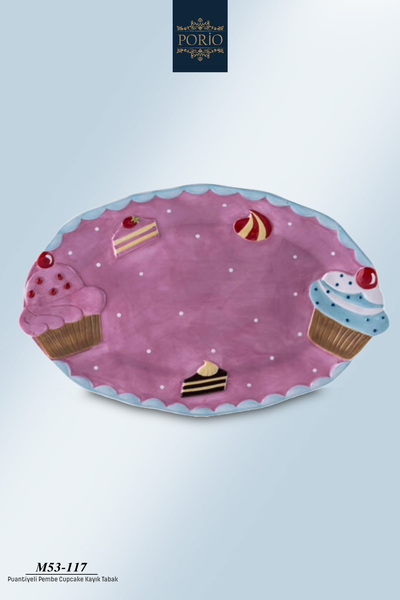 Porio Puantiyeli Pembe Cupcake Pasta Desenli 38 cm Seramik Kayık Sunum Tabağı...