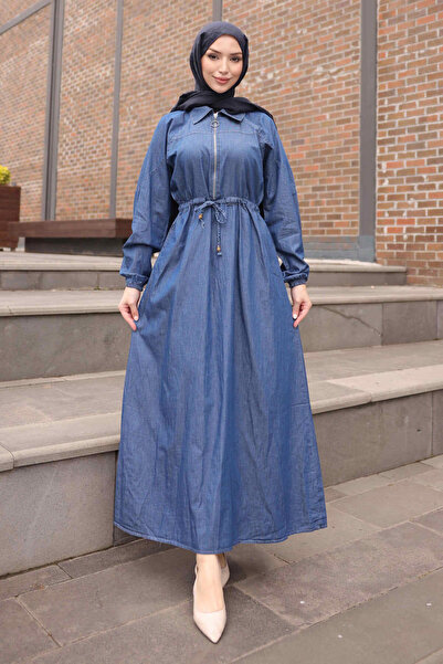İmajButik Dark Blue Elastic Sleeve Half-Zipper Denim Dress