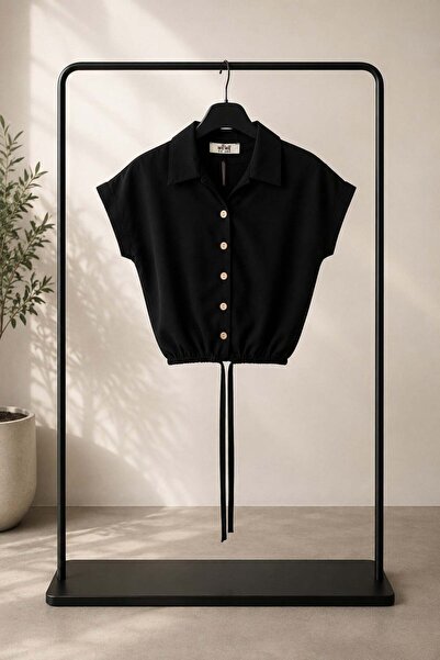 zepkids Girl's Short Sleeve Crop Shirt – Buttoned Gathered Black Shirt