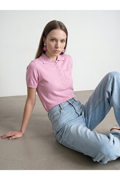 Dilvin 10874 Lyocell Blended Polo Collar Blouse-Powder Pink