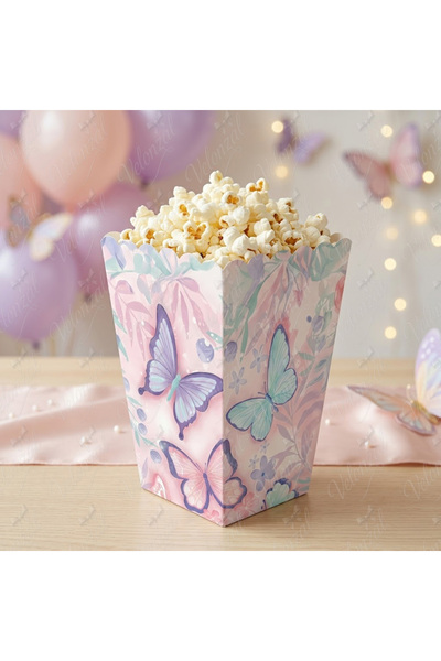 VELONZAL Kelebek Temalı Patlamış Mısır (Popcorn)-Cips Kutusu-Doğum Günü-Parti...