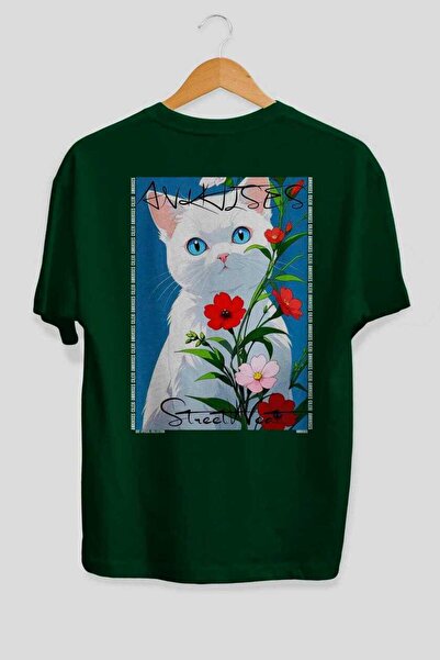 Ankhises For the Love of Cats 115 Cat Printed Green Oversize T-Shirt 100% Cot...