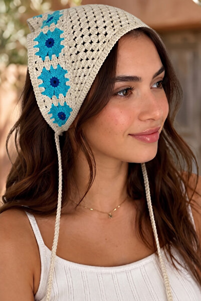 shop Mavi Renk Çiçekli Örgü Bandana - Yazlık Retro Kadın Saç Eşarbı ve Bandı