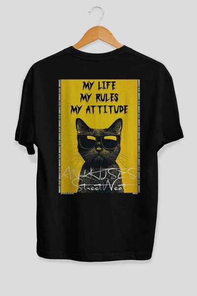 Ankhises For the Love of Cats 112 Cat Printed Black Oversize T-Shirt 100% Cot...