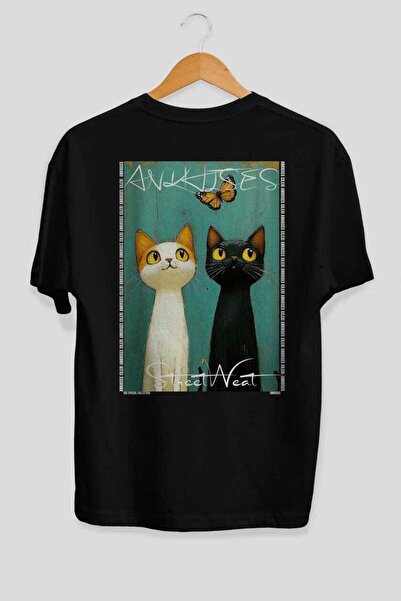 Ankhises For the Love of Cats 79 Cats Printed Black Oversize T-Shirt 100% Cot...