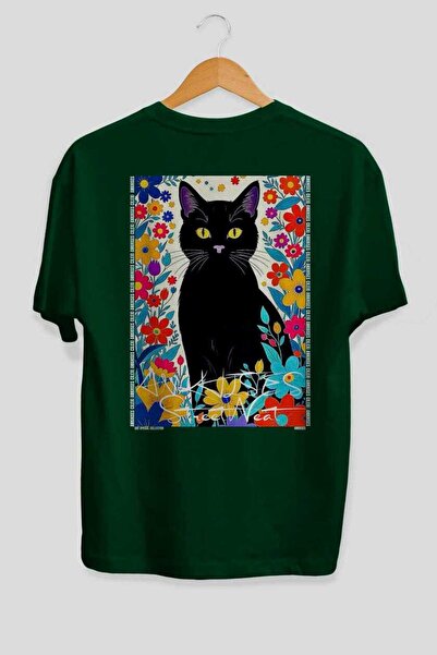Ankhises For the Love of Cats 98 Cat Printed Green Oversize T-Shirt 100% Cott...