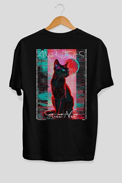Ankhises For the Love of Cats 56 Cats Printed Black Oversize T-Shirt 100% Cot...