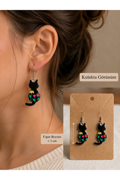 SOFT Black Cat Figured Earrings |   Floral Patterned Handmade Earrings