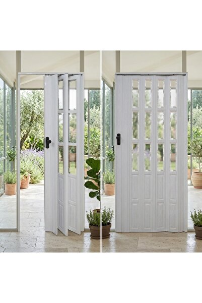 KÜSKÜ Katlanır PVC Camlı Akordiyon Kapı Beyaz 86x203 cm Oda Bölme Sürgülü Kapı