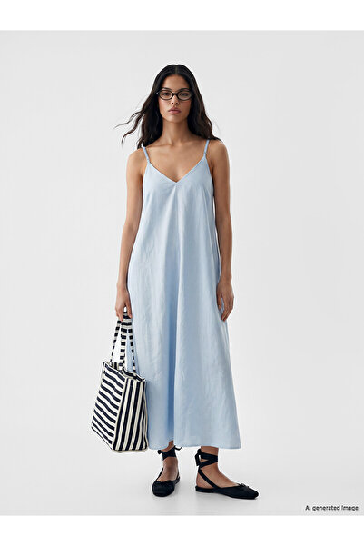 LC Waikiki Nevavm V-Neck Rope Strap Midi Dress with a Difference
