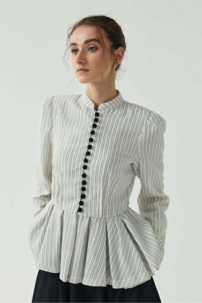 Molene Beyaz Çizgili Peplum Blazer