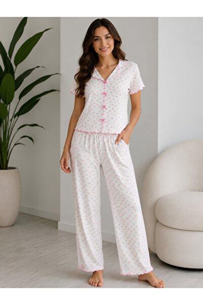 Pijamask Women's Ribbon-Detained Patterned Short Sleeve Pajama Set