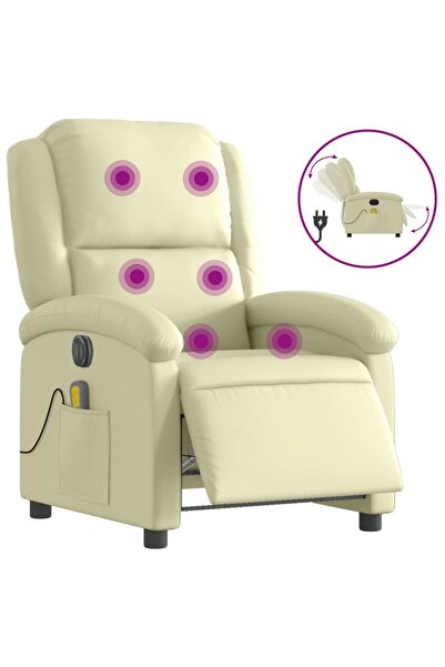 vidaxl Fotoliu de masaj rabatabil electric, crem, piele naturală
