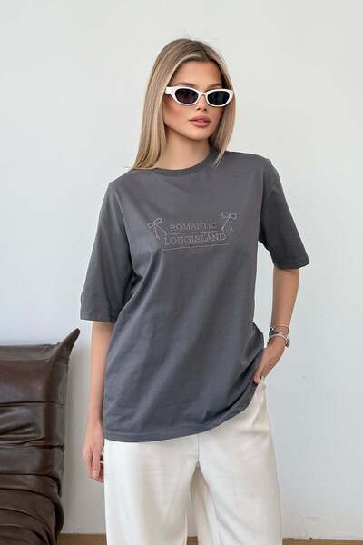 GİYSA Women's Crew Neck Romantic Embroidered T-Shirt Anthracite - 925017