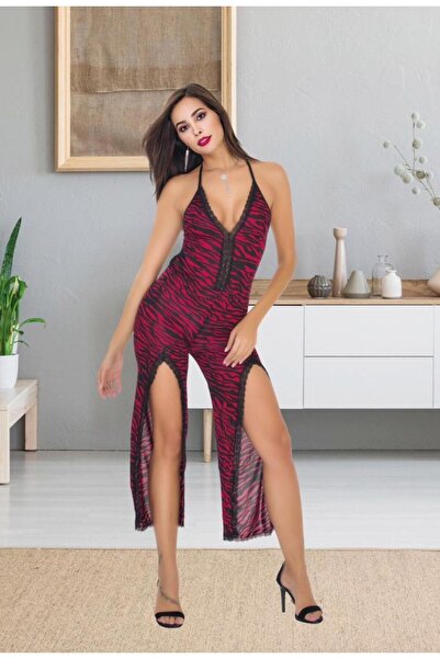 IZABEL Lingerie جمبسوت نسائي باللون الأحمر الداكن مقاس S/M-L/XL بفتحة رقبة عل...