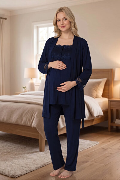 BLACKMORE Women's Navy Blue Cotton Lace Detailed Maternity Pajama Set with Dr...