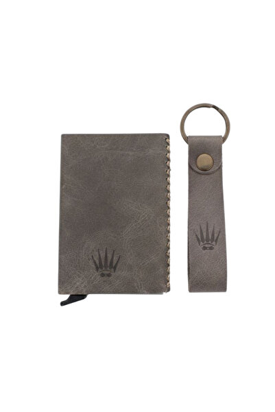 WATCHOFROYAL Gift Set Genuine Leather Gray Mechanical Card Holder & Keychain