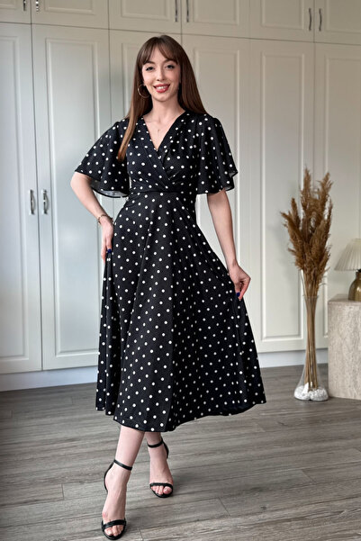 Dilay Gökoğlu Butik Polka Dot Patterned Modal Fabric Midi Black Dress with Fl...