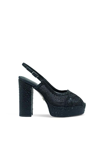 Vario Crystal Stone Mesh and Satin Platform Heels V07 Black Satin Stone (Blac...
