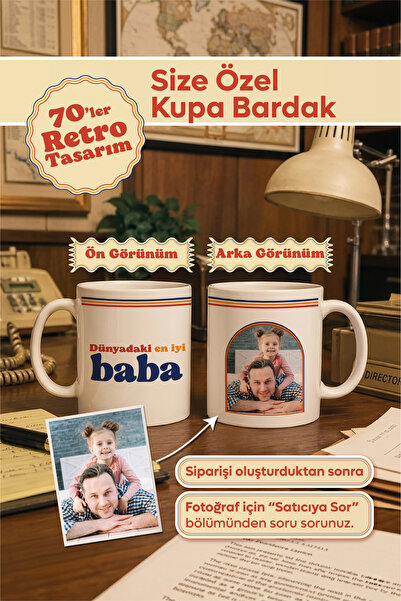 Dekopix Kişiye Özel Dünyadaki En İyi Baba Fotoğraflı Kupa Bardak | Retro 70’l...