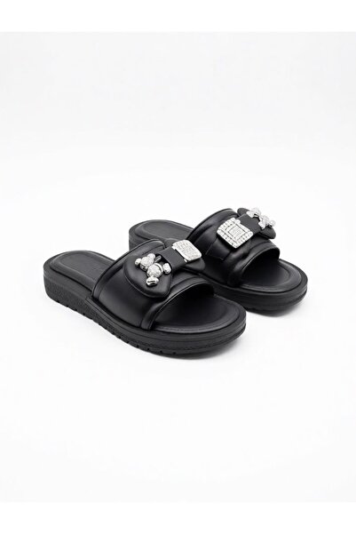 SERRA MODA Papuci eleganti de damă, negri, cu piatră, cu talpă confortabilă 3...
