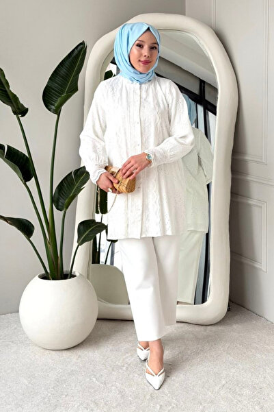 Tesettür Diyarı Nia Brode Lace Fabric Ruffled Collar Lined Hijab Shirt - White