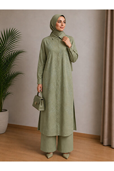 MIRENNA Women's Ferace and Pants Set Flock Printed Pattern Detail Linen Fabri...