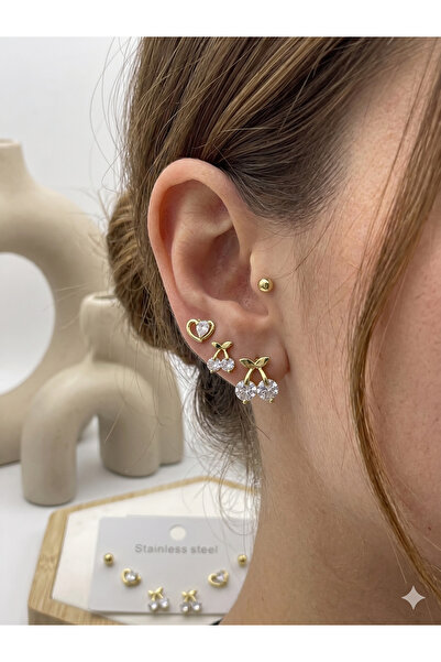 BİJU YILMAZ 26Clk29 Heart and Cherry Detailed Gold Steel Earring Set