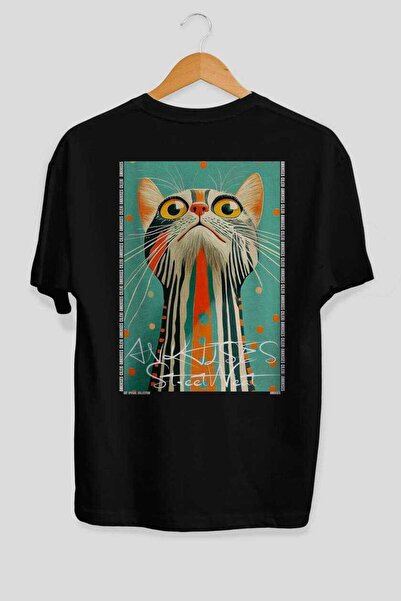 Ankhises 99 Cats for Cat Lovers Printed Black Oversize T-Shirt 100% Cotton Un...