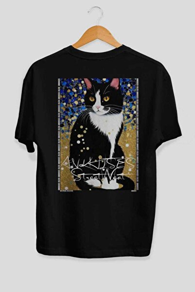 Ankhises For the Love of Cats 94 Cat Printed Black Oversize T-Shirt 100% Cott...