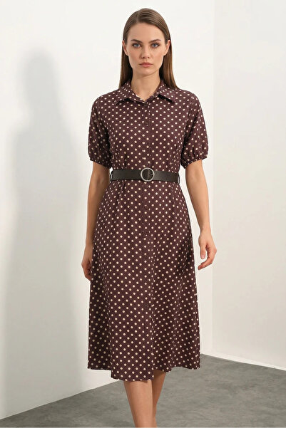 Şeker Portakalım Women's Shirt Collar Belted Short Sleeve Polka Dot Brown Dress