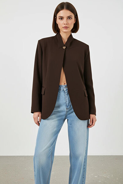 buğrahayalin Women's High Collar Oversize Cut Buttoned Brown Jacket