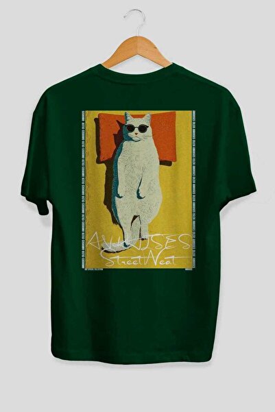 Ankhises For the Love of Cats 117 Cat Printed Green Oversize T-Shirt 100% Cot...