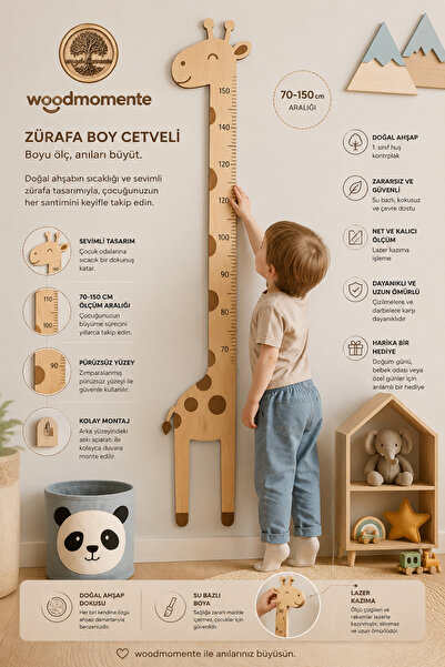 woodmomente Zürafa Boy Ölçer Cetveli 70-150 cm Ahşap Çocuk Boy Ölçüm Cetveli