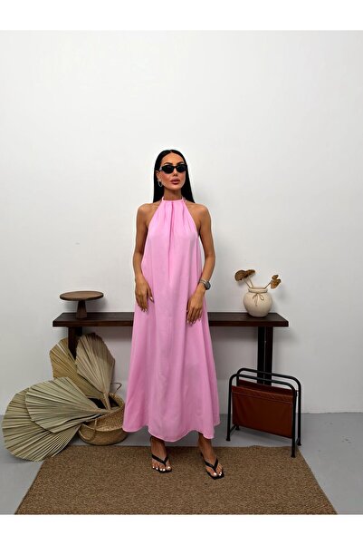 Bak'ap Premium Trend Neck Accessory Detailed Halter Neck Long Maxi Dress