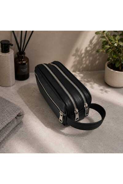 Tk 2208 Men's Black Leather Multi-Compartment Double Handle Personal Care and Hand Bag