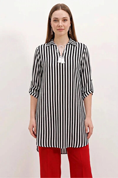 buğrahayalin Women's striped viscose black tunic with lace-up collar