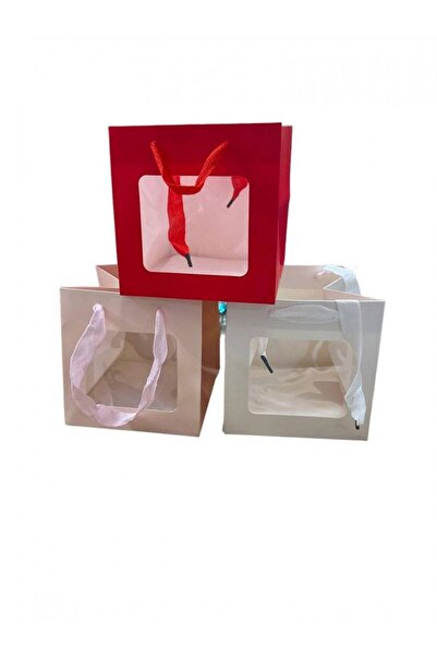 OEM Square Gift Bags With Window 20x20x20cm 10/ Top Bottom Set Red