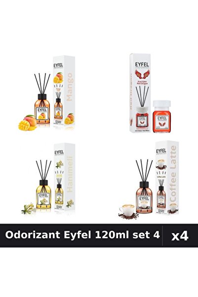 Eyfel Set 4 Odorizant Cameră cu Betișoare 120ml - Mango, Red Dragon, Cafea